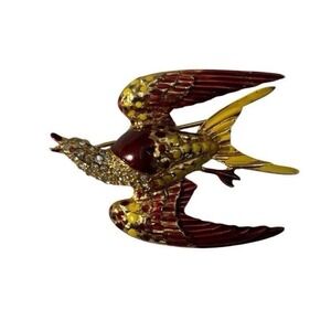 Vintage Gold Tone Red and Yellow Enamel Rhinestone Fire Bird Brooch Pin